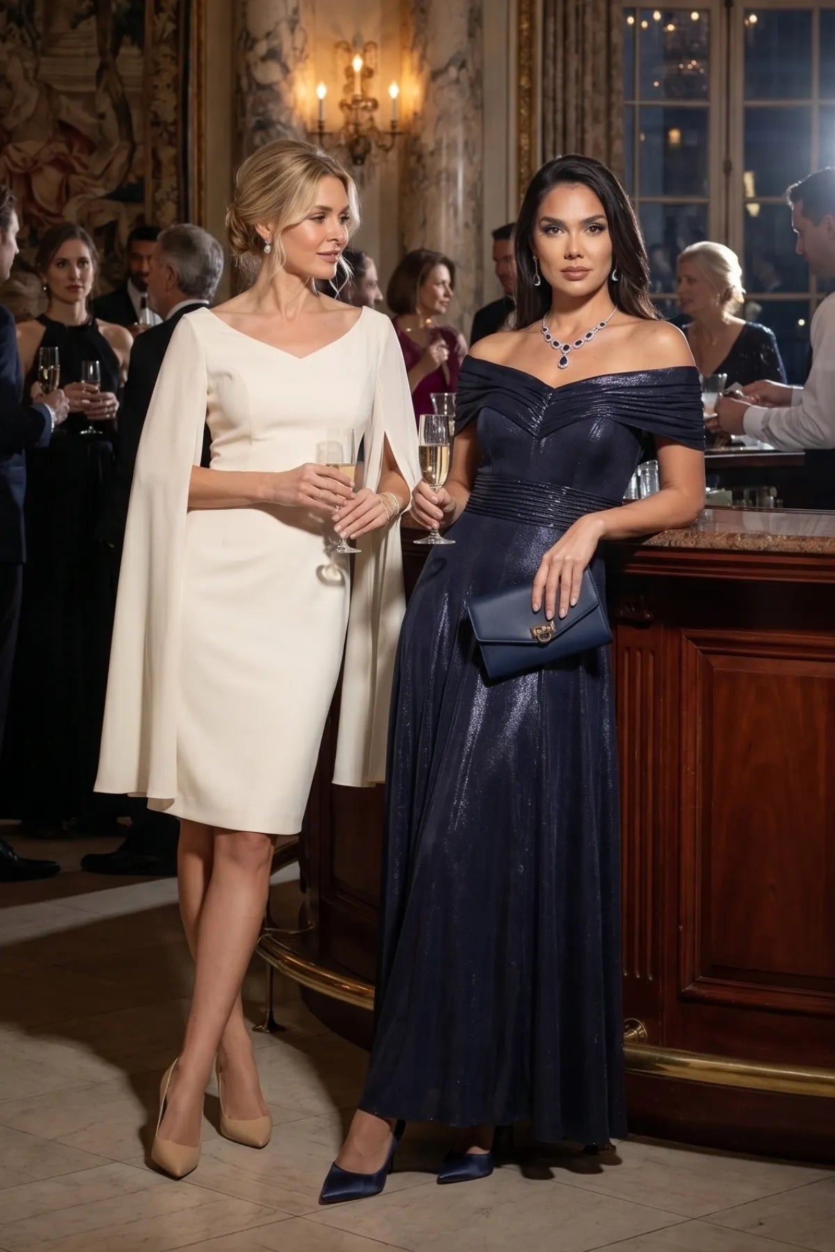 Two guests at an evening event, one in the navy off-shoulder metallic gown at a candlelit bar