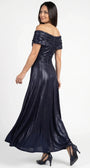 Back of navy off-shoulder gown showing covered-button bodice closure, fitted waist and long fluid skirt