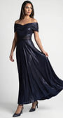 Iris Off-Shoulder Maxi Gown in navy with pleated neckline, beaded waist and flowing metallic skirt
