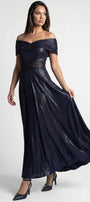 Iris Off-Shoulder Maxi Gown in navy with pleated neckline, beaded waist and flowing metallic skirt
