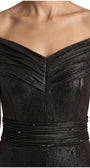 Draped off-shoulder neckline and tiered sheer waist band set with small dark crystals on anthracite metallic fabric