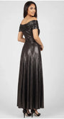 Back of anthracite metallic off-shoulder maxi gown showing draped bodice, hand-finished button placket, and flowing skirt