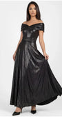 Iris off-shoulder maxi gown in anthracite metallic with draped neckline, crystal-set waist, and full floor-length skirt