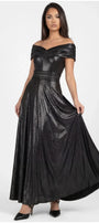 Iris off-shoulder maxi gown in anthracite metallic with draped neckline, crystal-set waist, and full floor-length skirt