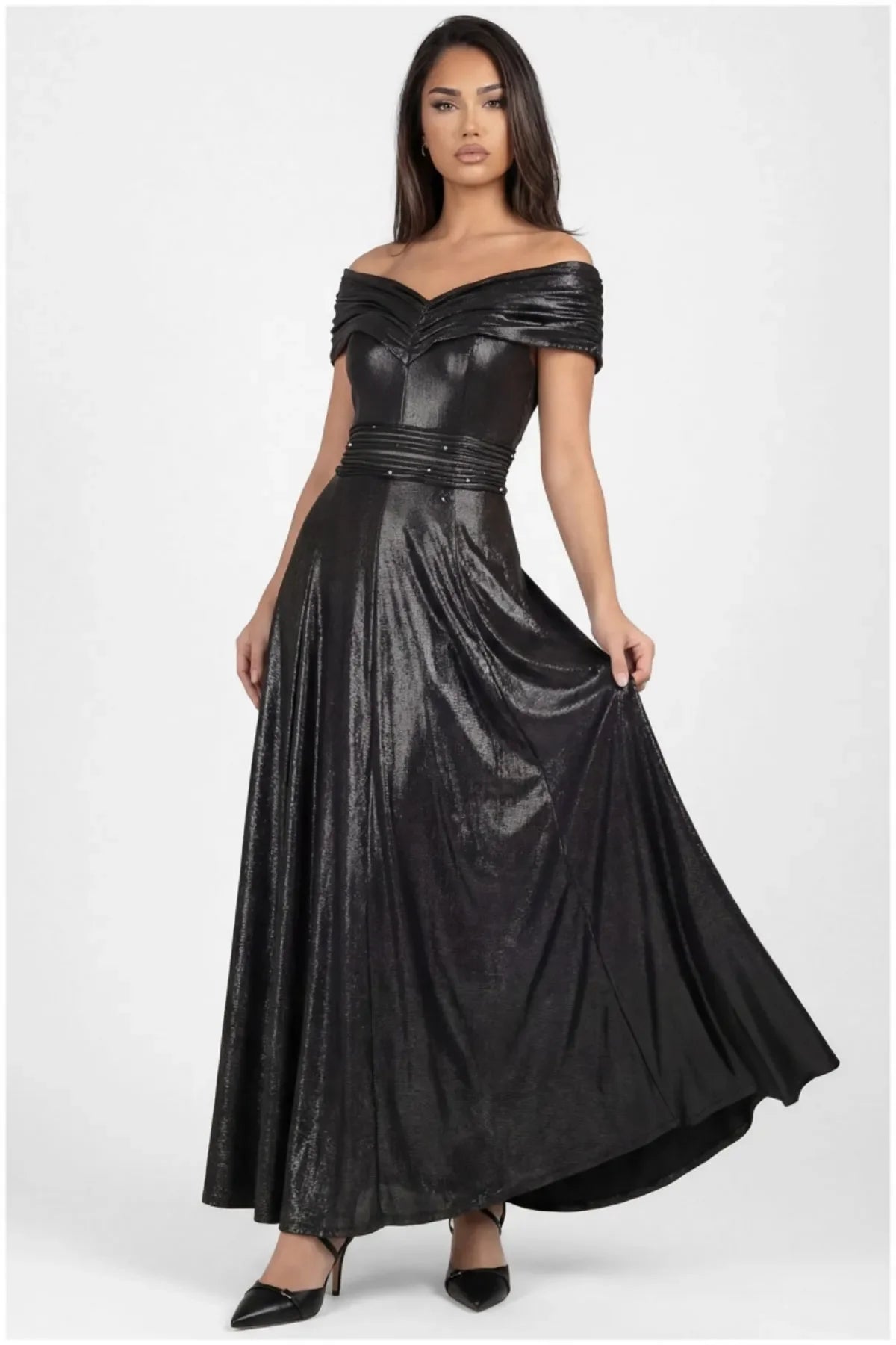 Iris off-shoulder maxi gown in anthracite metallic with draped neckline, crystal-set waist, and full floor-length skirt