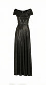 Anthracite metallic off-shoulder maxi gown with draped neckline, crystal-set sheer waist, and full floor-length skirt