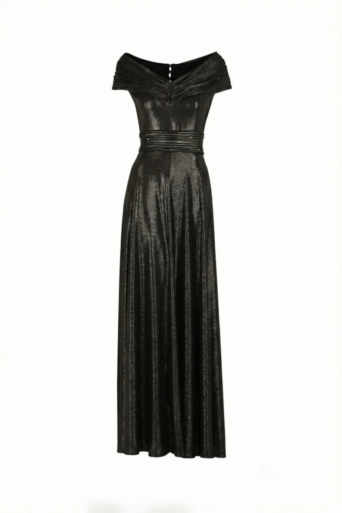 Anthracite metallic off-shoulder maxi gown with draped neckline, crystal-set sheer waist, and full floor-length skirt