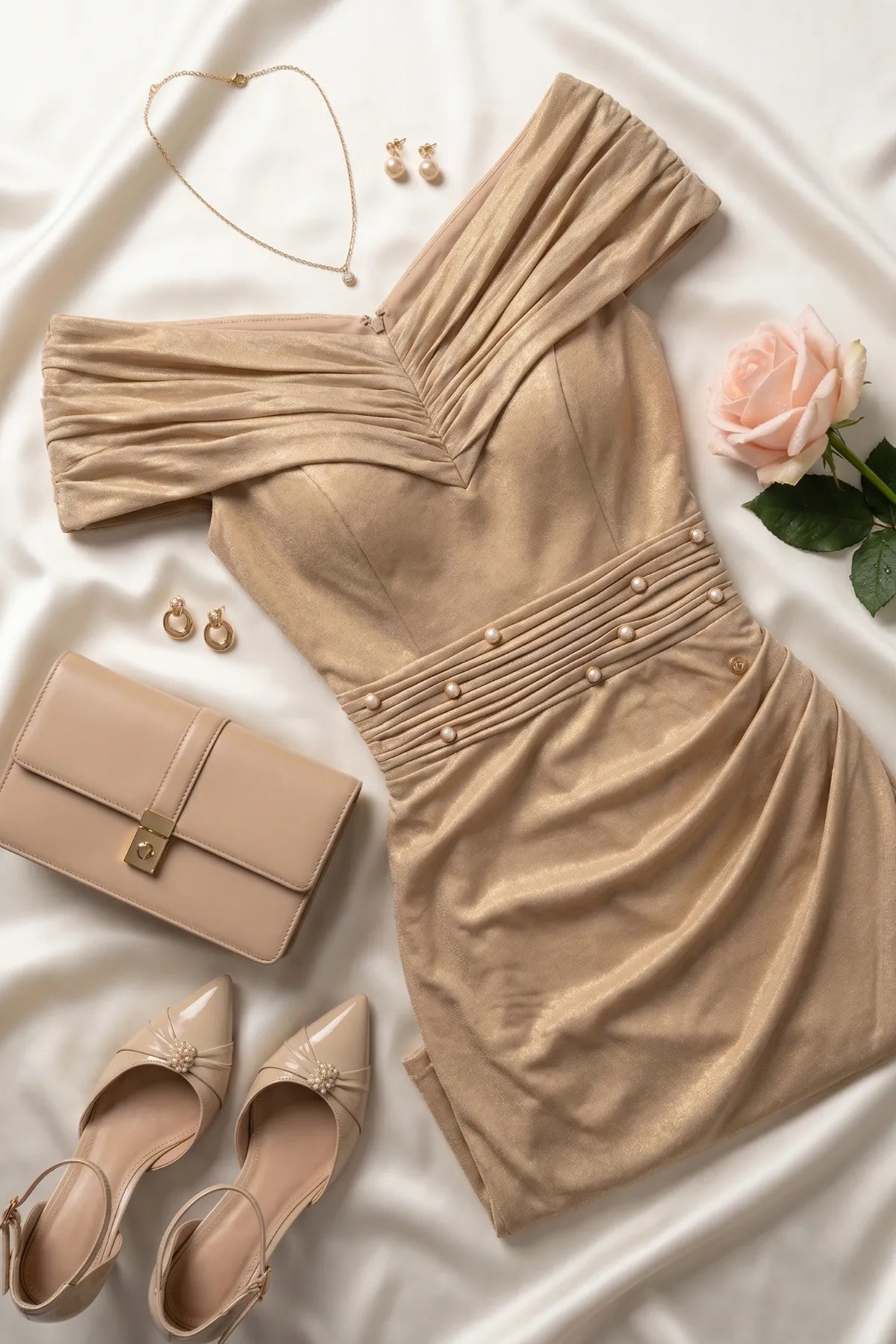 Iris Off-Shoulder Cocktail Dress in Champagne Gold