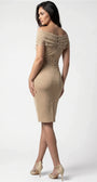 Back view of the champagne gold off-shoulder cocktail dress showing pleated bodice, pearl buttons, and fitted skirt