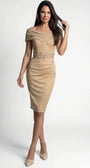 Iris Off-Shoulder Cocktail Dress in Champagne Gold front view, fitted below-knee dress with pearl pleated waist