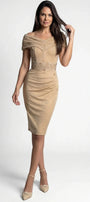 Iris Off-Shoulder Cocktail Dress in Champagne Gold front view, fitted below-knee dress with pearl pleated waist