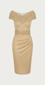 Champagne gold off-shoulder cocktail dress on white, front view of pleated neckline and pearl-accented waist