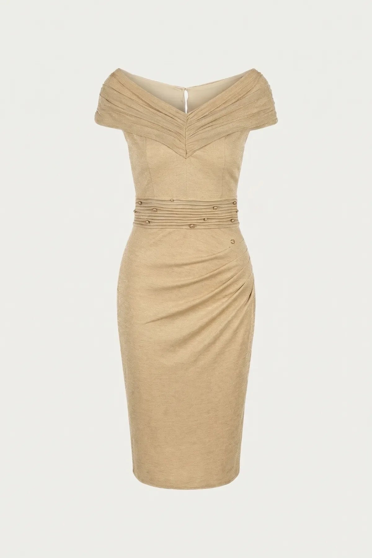 Champagne gold off-shoulder cocktail dress on white, front view of pleated neckline and pearl-accented waist