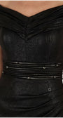 Close-up of the anthracite metallic bodice with tiered sheer waist band scattered with small faceted dark crystals.