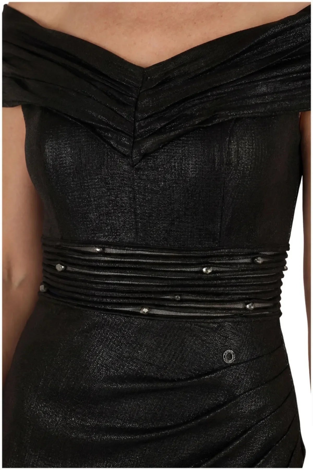 Close-up of the anthracite metallic bodice with tiered sheer waist band scattered with small faceted dark crystals.