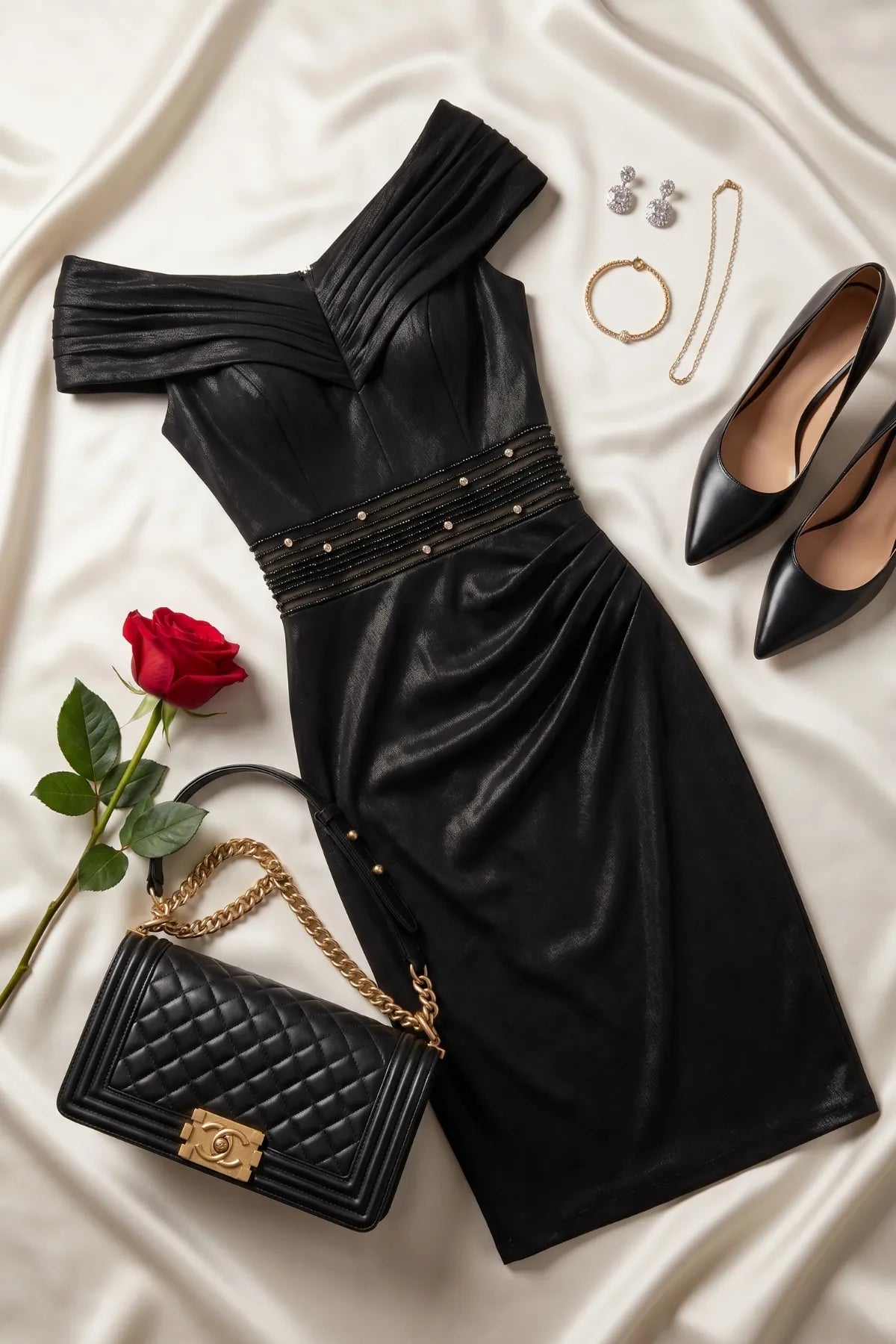 Anthracite cocktail dress styled with a black quilted handbag, pointed pumps, and gold jewelry on ivory satin.
