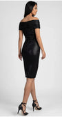 Back view of the anthracite cocktail dress showing the small button closure and fitted pencil silhouette.