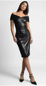 Iris off-shoulder dress in anthracite, front view showing the pleated bardot neckline and crystal-set sheer waist.