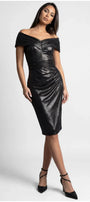 Iris off-shoulder dress in anthracite, front view showing the pleated bardot neckline and crystal-set sheer waist.