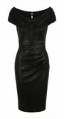 Flat front view of the anthracite cocktail dress with the pleated bardot band, crystal sheer waist, and pencil skirt.