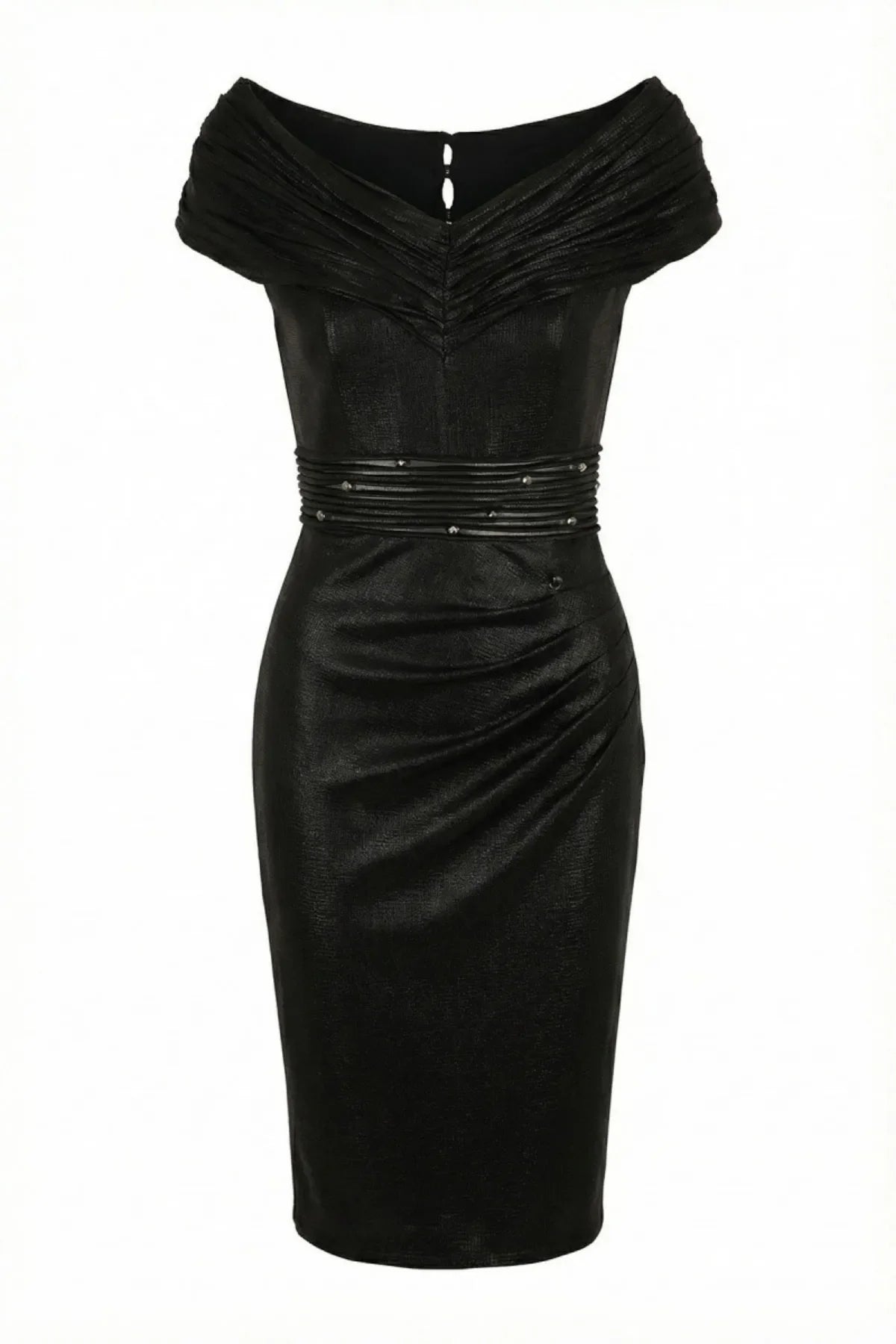 Flat front view of the anthracite cocktail dress with the pleated bardot band, crystal sheer waist, and pencil skirt.