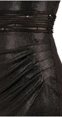 Close-up of the black metallic bodice with tiered sheer waist band set with small faceted dark crystals.
