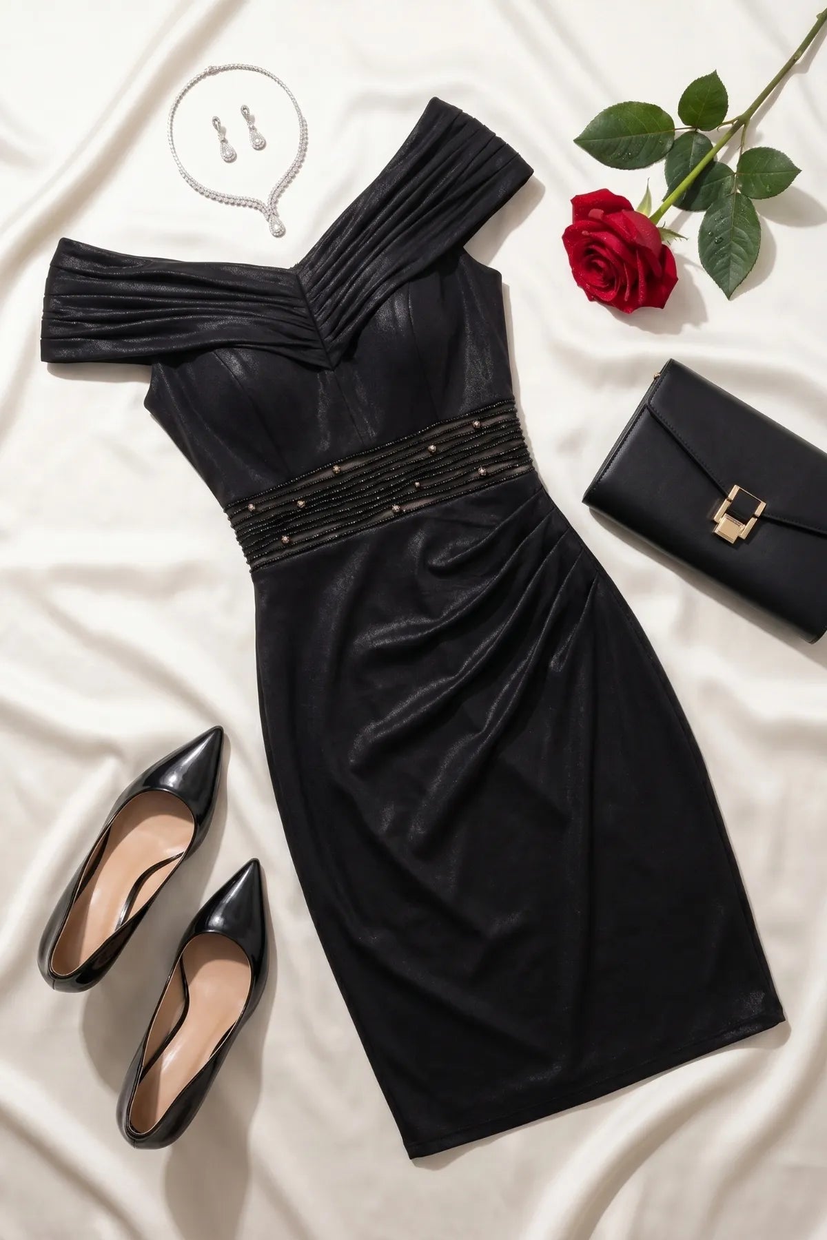 Black cocktail dress styled with patent pumps, a structured clutch, jewelry, and a red rose on ivory satin.