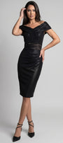 Iris off-shoulder cocktail dress in black with pleated bardot neckline and crystal-set sheer waist, front view.