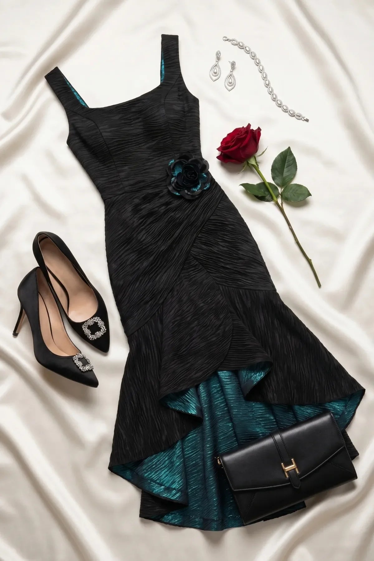 Black ruched satin evening dress styled with black pumps, clutch, silver jewelry, and red rose on ivory satin