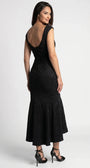 Back view of black ruched satin high low dress with deep scoop back, fitted bodice, and longer asymmetric back hem