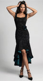 Eli High Low Evening Dress: ruched black satin, square neckline, beaded floral rosette, teal lining at hem