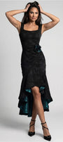 Eli High Low Evening Dress: ruched black satin, square neckline, beaded floral rosette, teal lining at hem