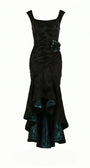 Product front of Eli High Low Evening Dress: square neckline, wide straps, floral rosette, ruched satin