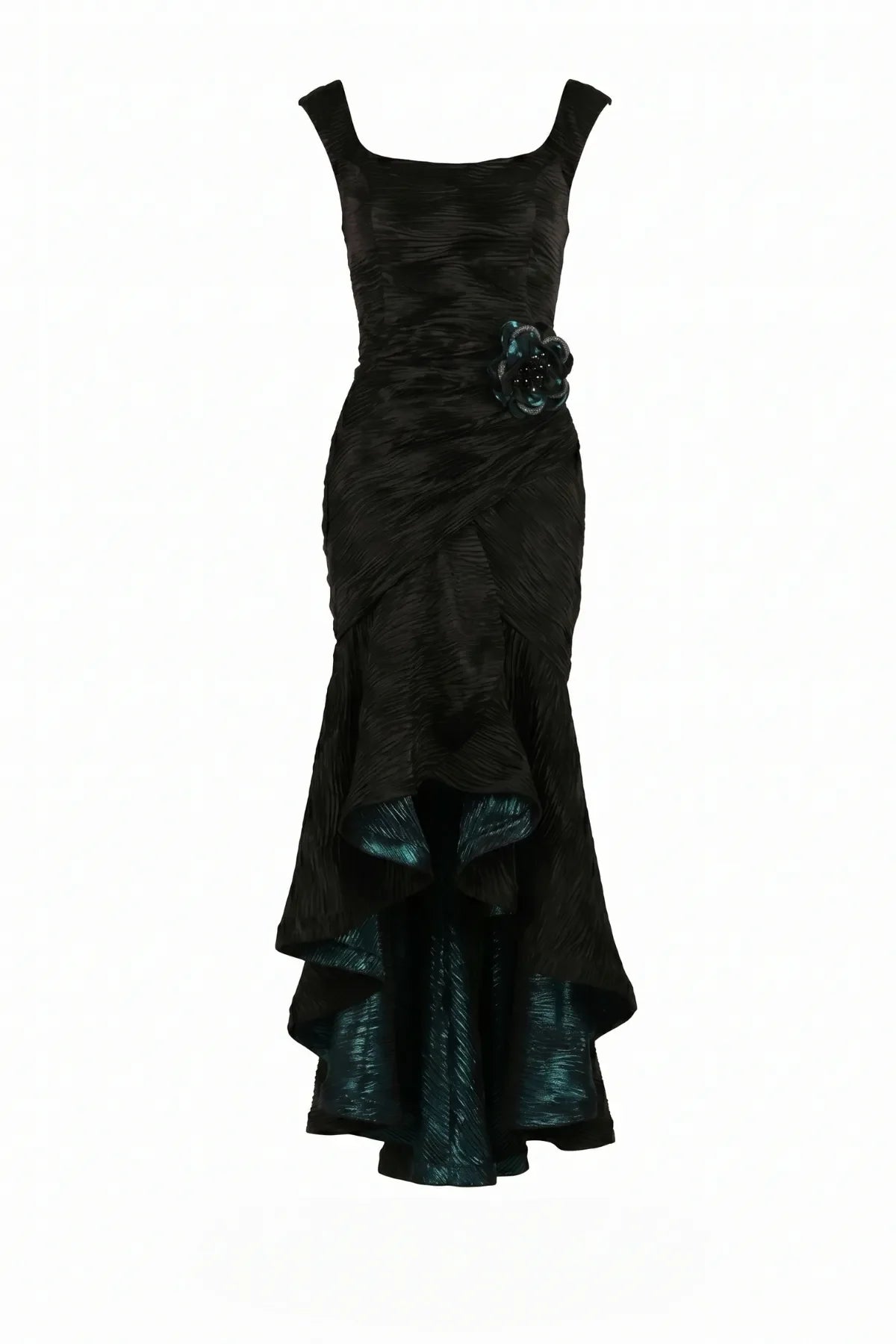 Product front of Eli High Low Evening Dress: square neckline, wide straps, floral rosette, ruched satin