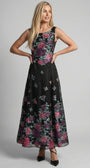 Rina cyclamen floral A-line maxi dress shown from the front with sleeveless bodice and rounded neckline.