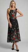 Rina black floral maxi dress shown from the front with sleeveless neckline and red, grey, green floral placement.