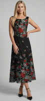 Rina black floral maxi dress shown from the front with sleeveless neckline and red, grey, green floral placement.