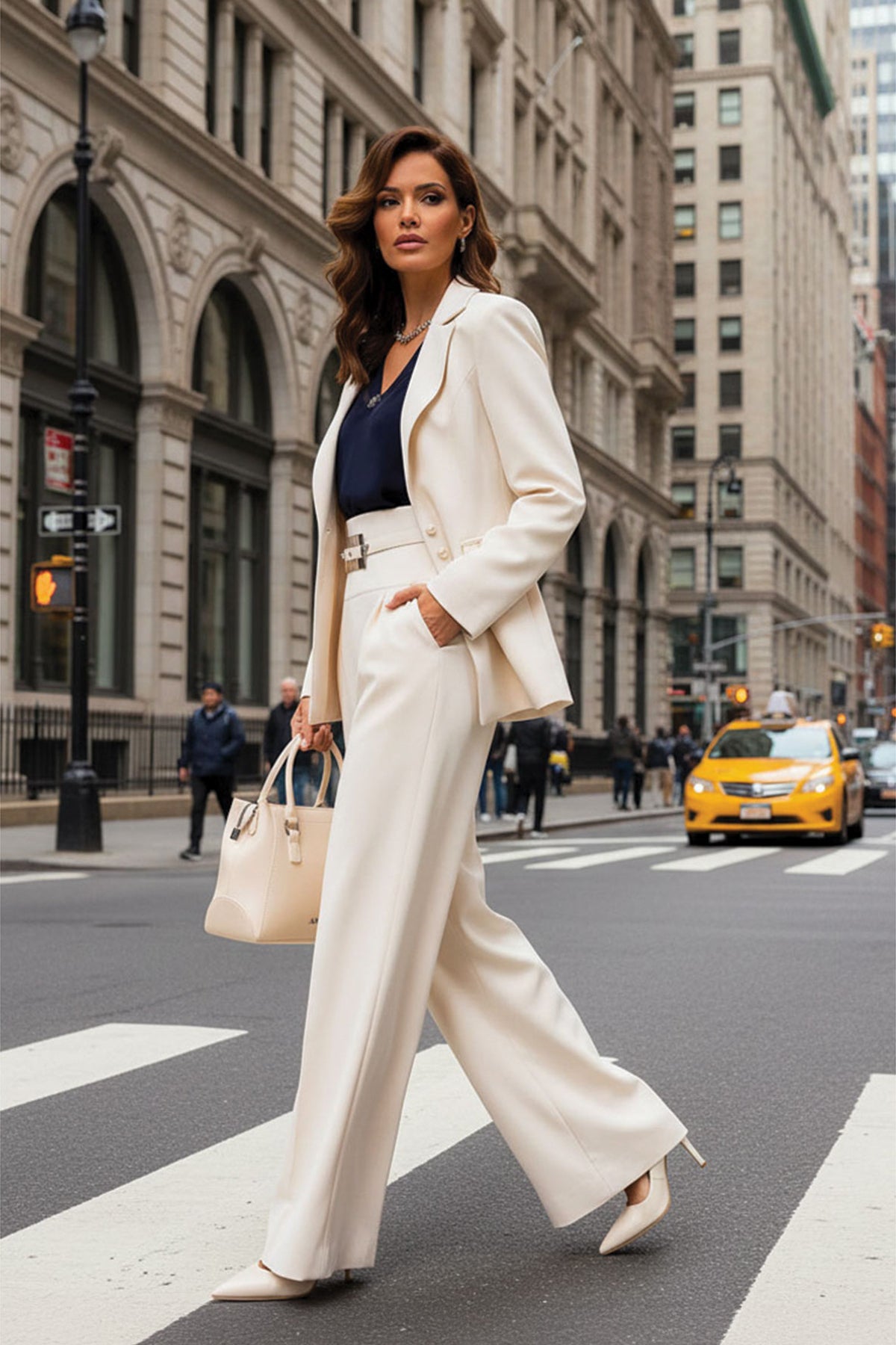 Woman in a white Luna Fashion House suit crossing a city street with a yellow taxi in the background