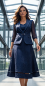 Woman in a navy blue suit standing in a modern architectural setting