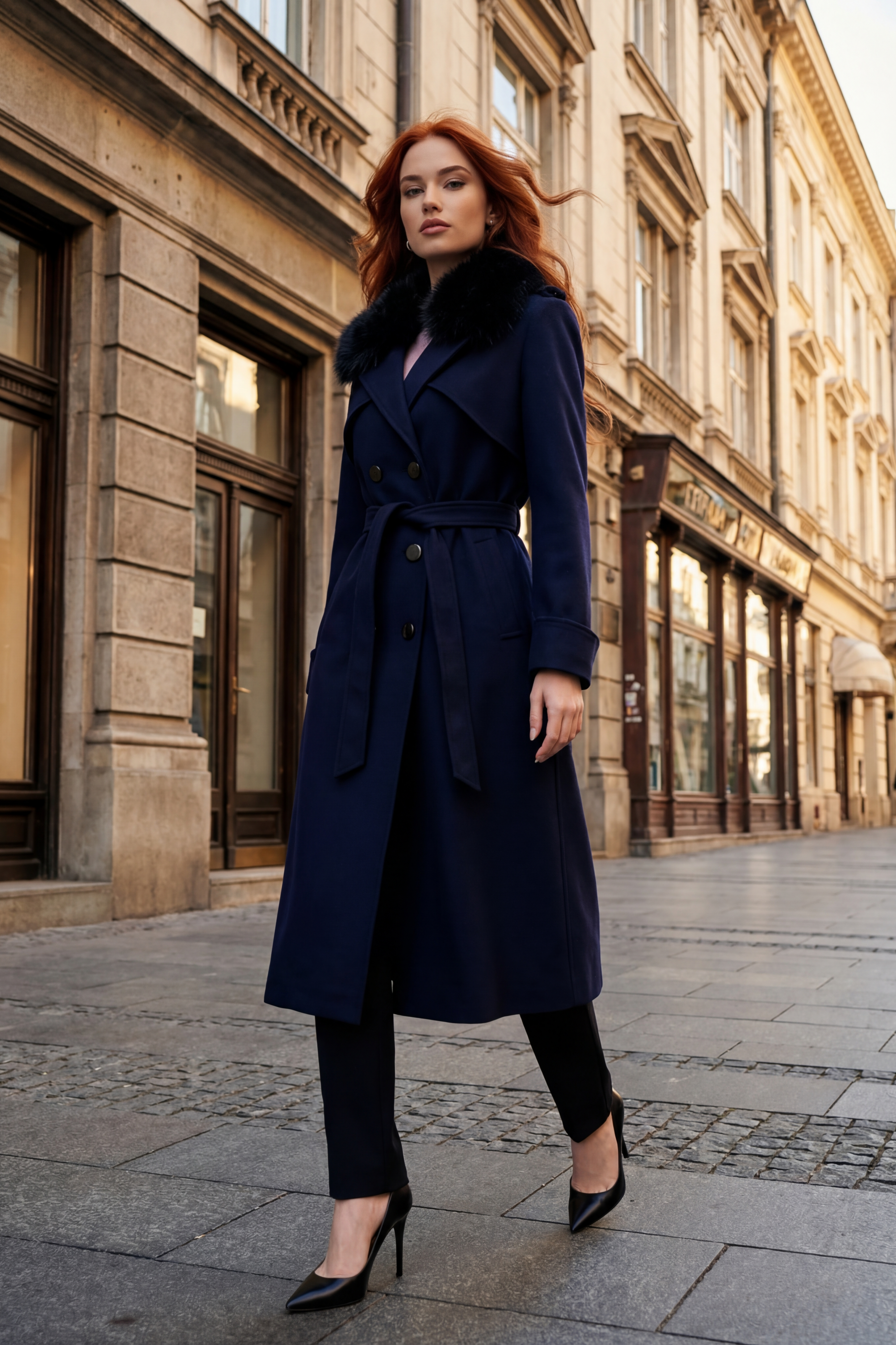 Woman in a navy coat standing on a city street with classical architecture.