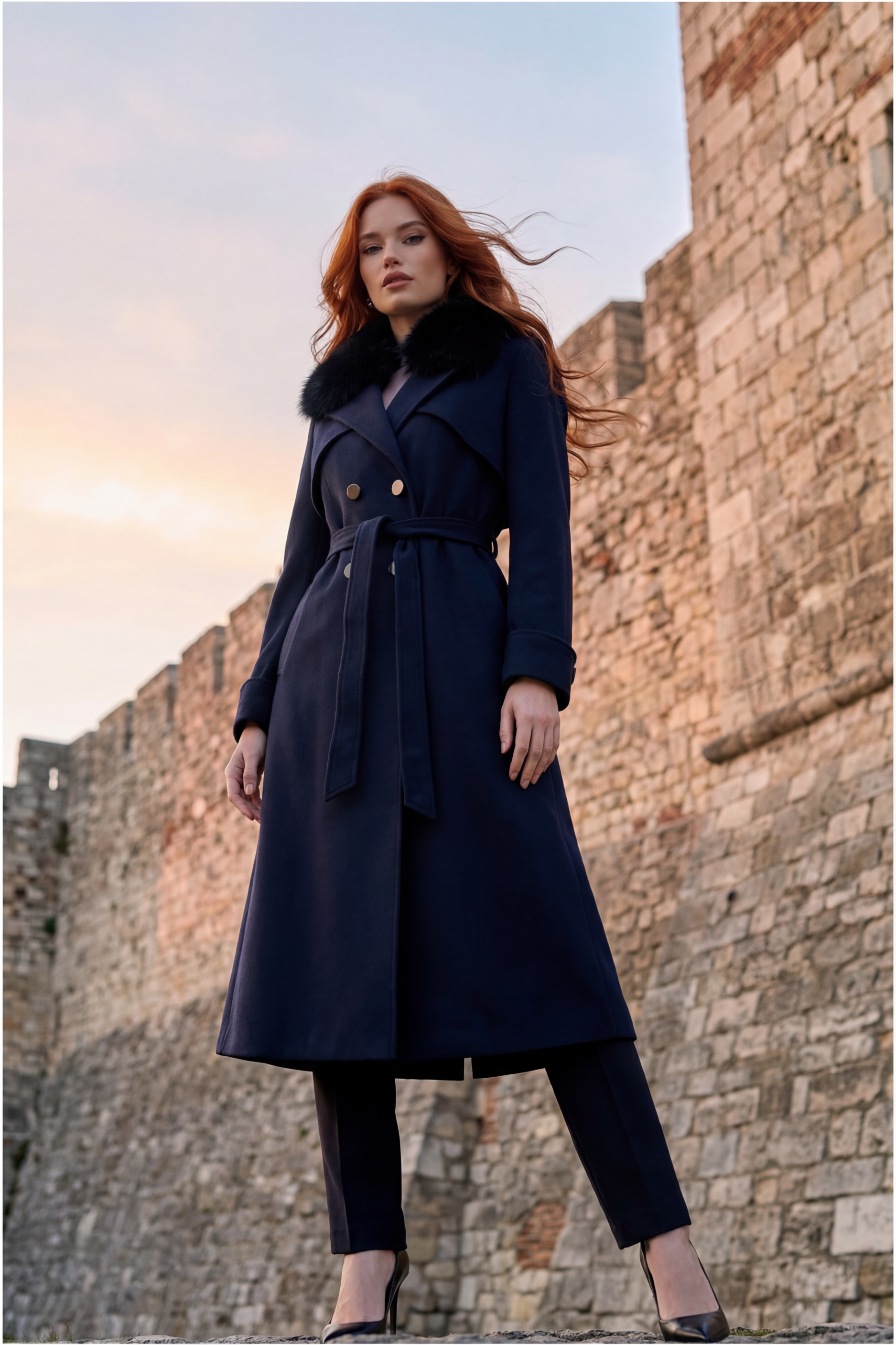 Woman wearing a long navy coat with fur collar standing in front of stone ruins.