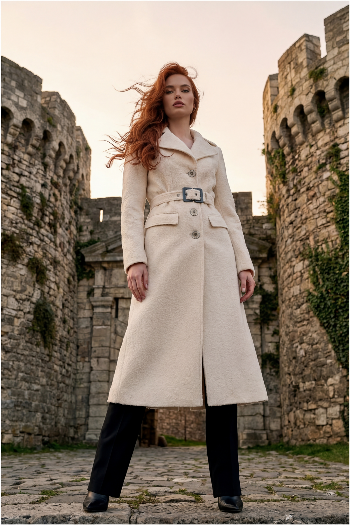 Ivory Belted Midi Coat, Linea. Midi coat. Worn buttoned and belted over black trousers between stone fortress towers at dusk.