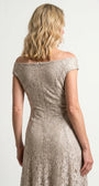 Closer back view of the beige lace gown showing shoulder line, zipper, and floral lace texture through the waist