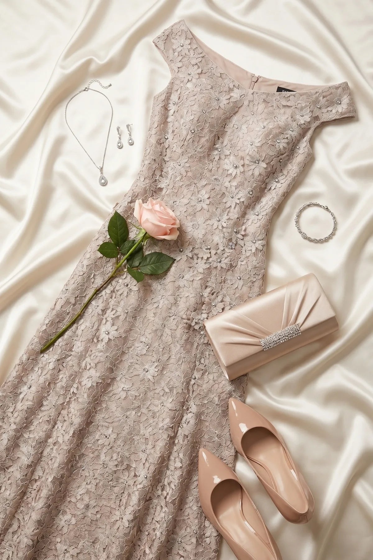 Beige lace gown styled on ivory satin with nude pumps, champagne clutch, silver jewelry, and a pale rose