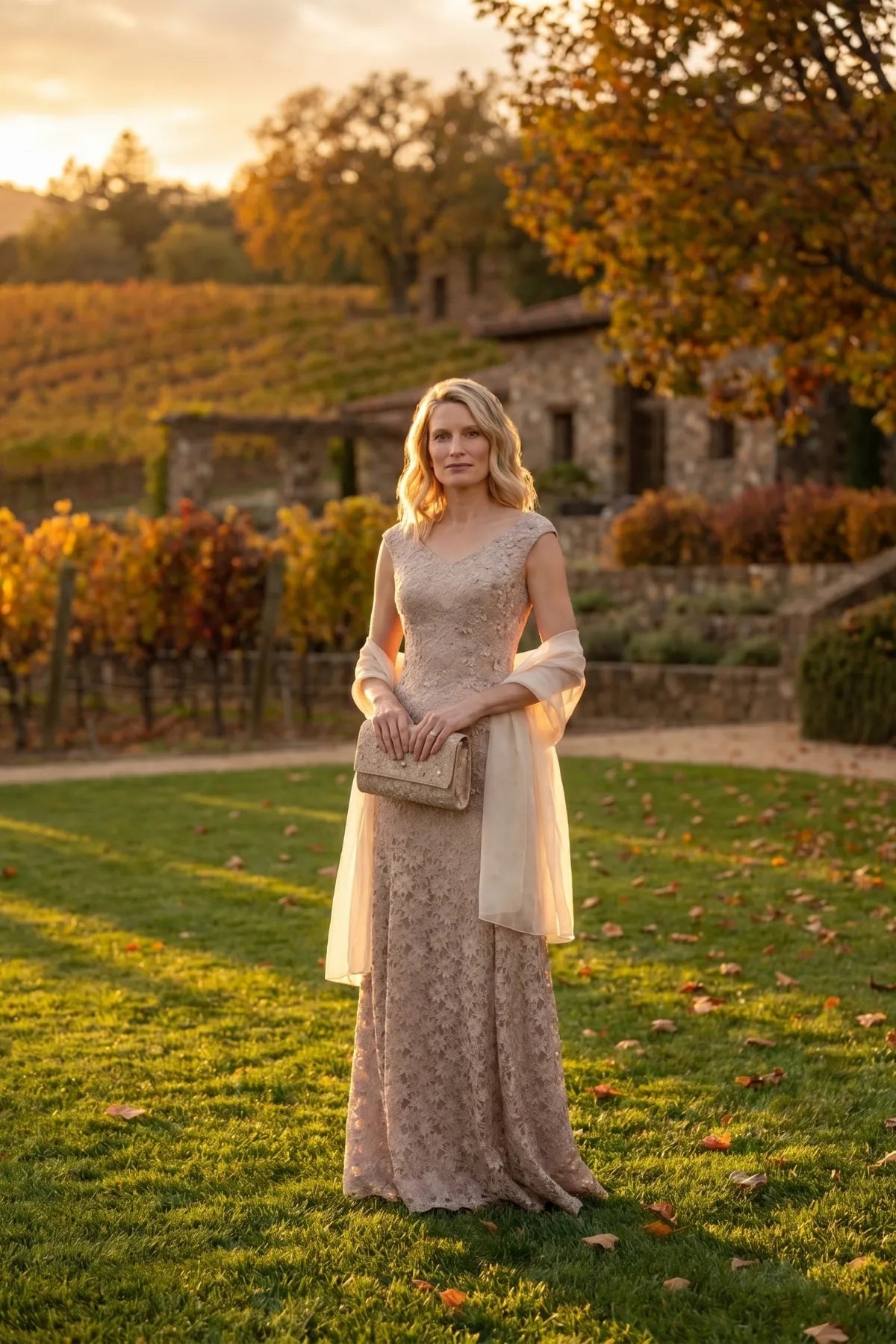 A woman in the beige lace gown at golden hour in a vineyard setting, styled with a soft wrap and clutch