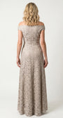 Back view of the beige lace gown showing the off-shoulder line, center back zipper, and softly flared skirt