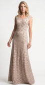 Bruna Long Lace Gown in Beige worn front view, beige floral lace floor-length gown with V-neck and cap sleeves