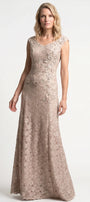 Bruna Long Lace Gown in Beige worn front view, beige floral lace floor-length gown with V-neck and cap sleeves