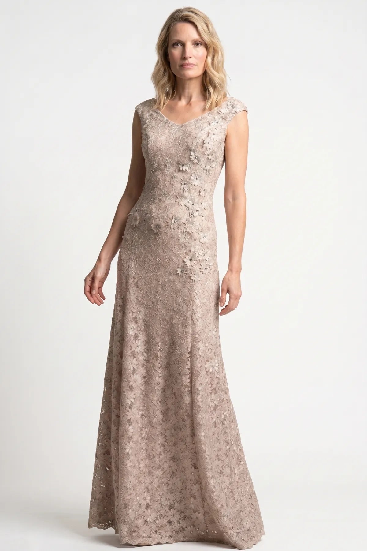 Bruna Long Lace Gown in Beige worn front view, beige floral lace floor-length gown with V-neck and cap sleeves