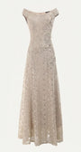 Beige floral lace gown on white, full front view showing V-neckline, cap sleeves, and floor-length flared hem